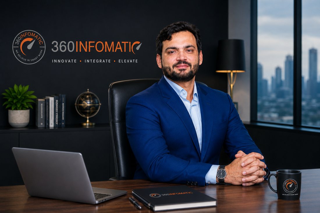 Khalil Raza, Founder & CEO of 360Infomatic, at his office desk