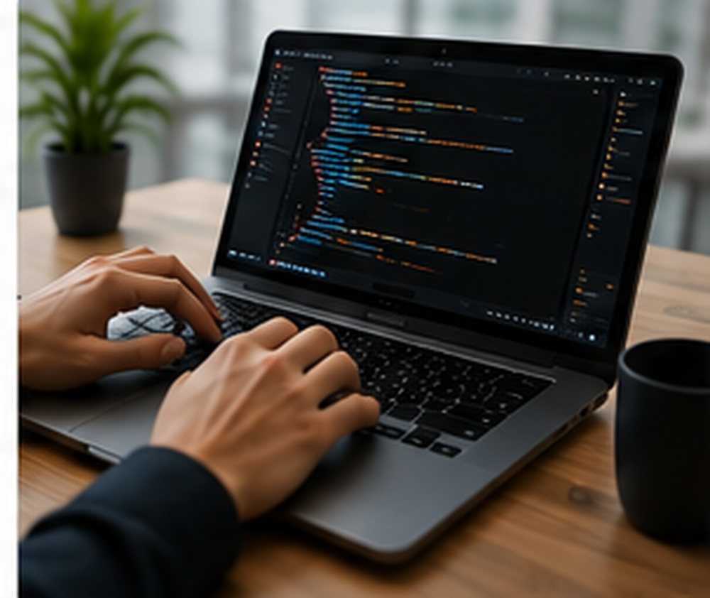 Developer writing code on a laptop