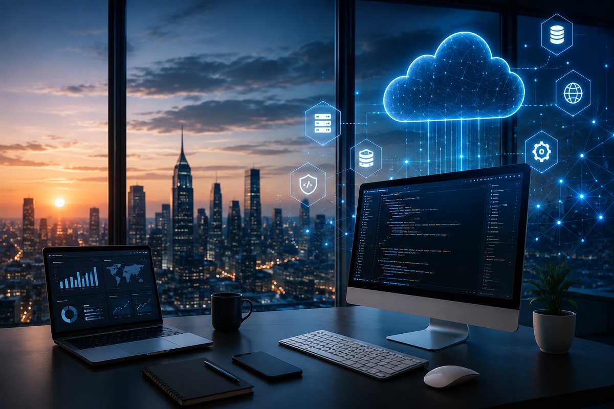 Developer workspace with cloud infrastructure and data visualization overlays, city skyline at dusk